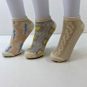 Womens Ankle Socks 3-Pack Fun Floral Cable Knit Patterns Beige Blue Orange